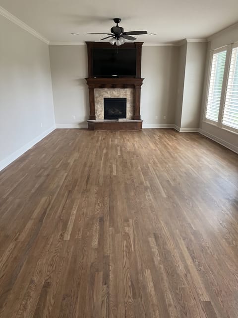 Red oak living room floor refinished in weathered oak