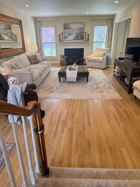 Refinished white oak hardwood floor in a living room