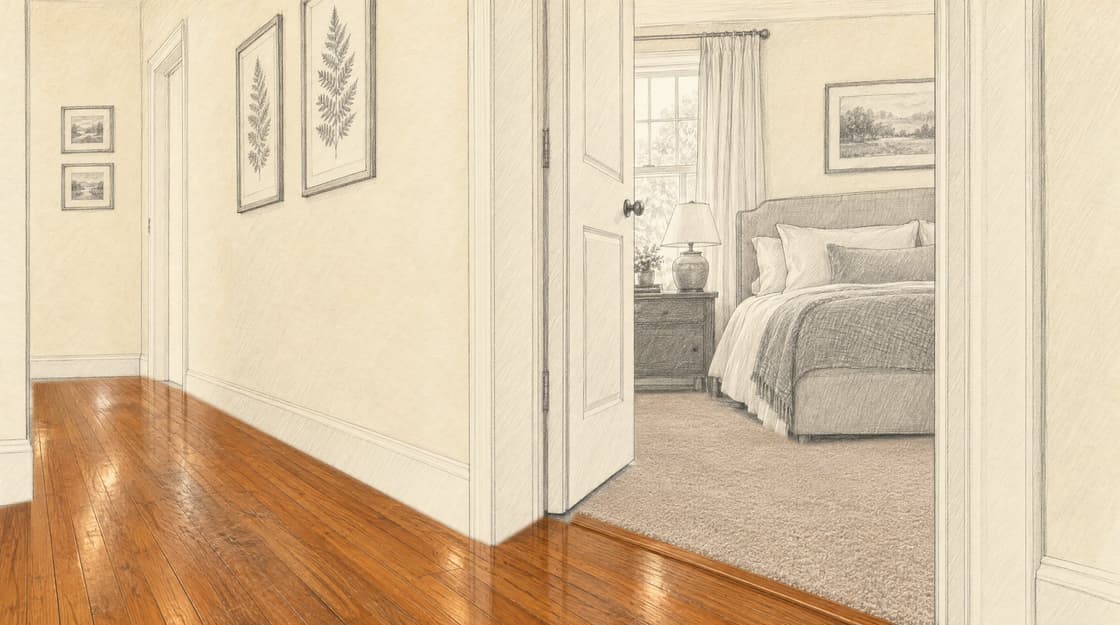 Illustration: a hallway with an old orange oak floor and a carpeted bedroom beyond the doorway