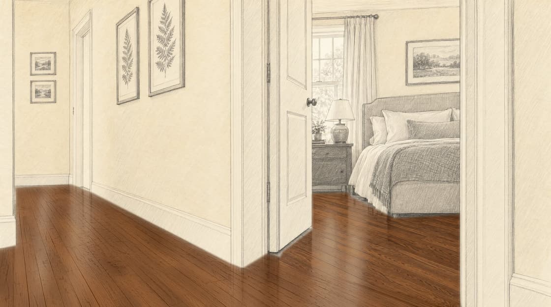 Illustration: one medium-brown oak floor running from the hallway through the doorway into the bedroom
