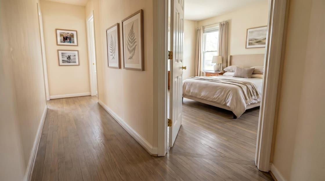 After: refinished hardwood extending continuously through hallway and bedroom
