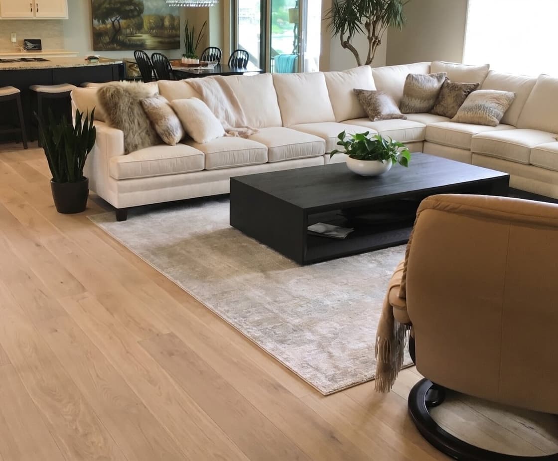 Open living room with a sectional sofa, a rug, a dark coffee table and a wide-plank white oak floor in its natural, unstained color
