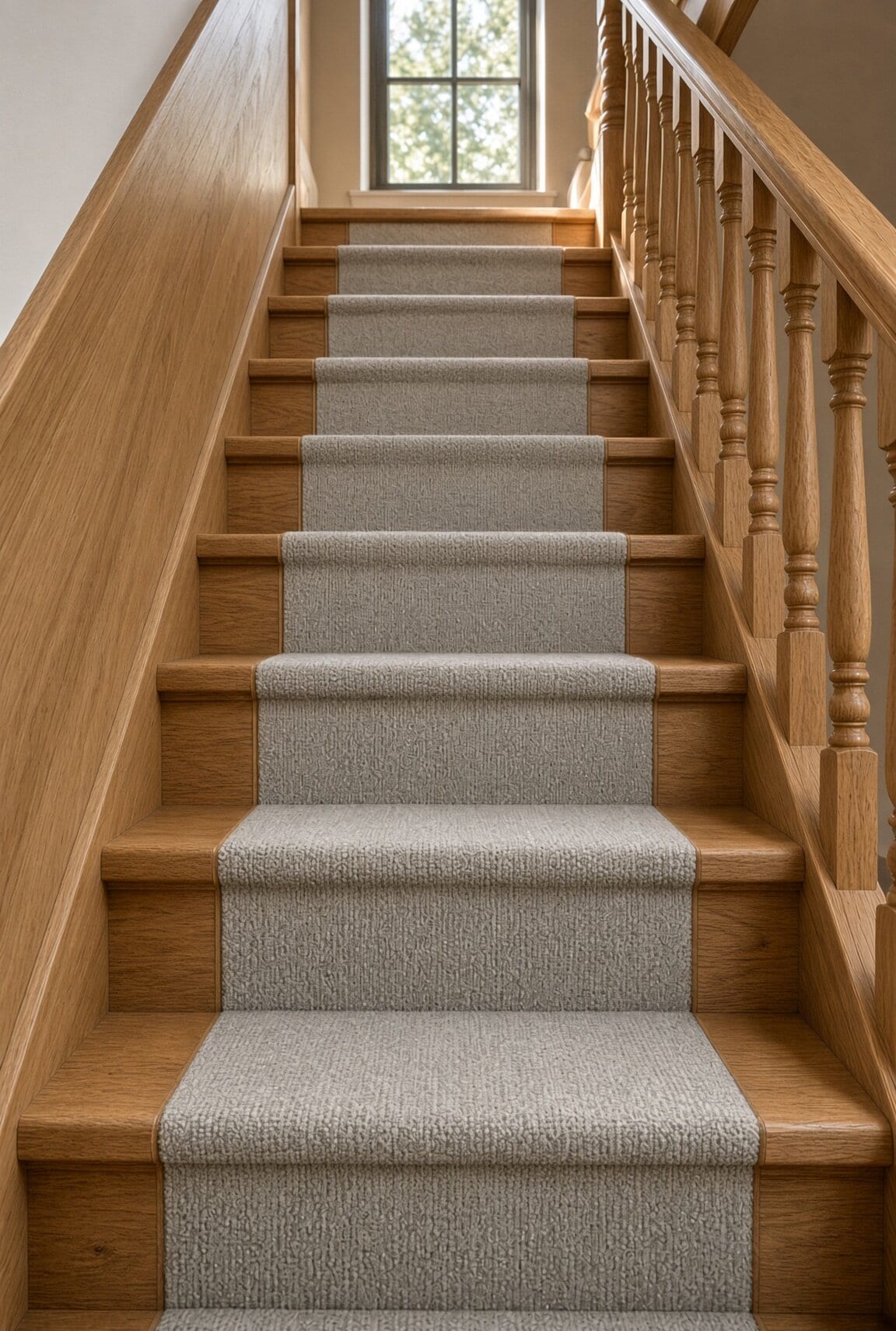 Staircase with grey carpet set level into oak treads, finished oak showing on both sides of each step, oak balusters at right