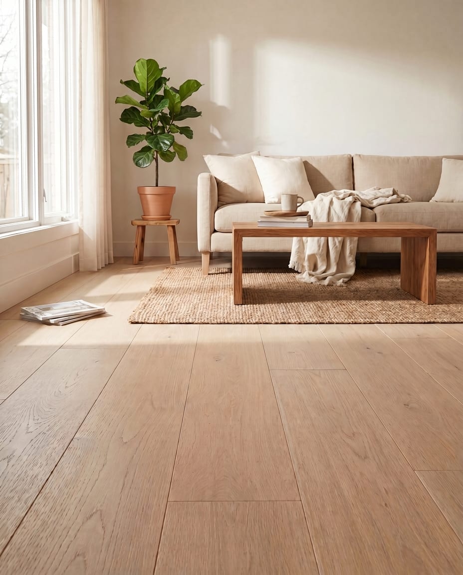 Sunlit living room with wide-plank pale white oak flooring, a linen sofa and a sheer-curtained window