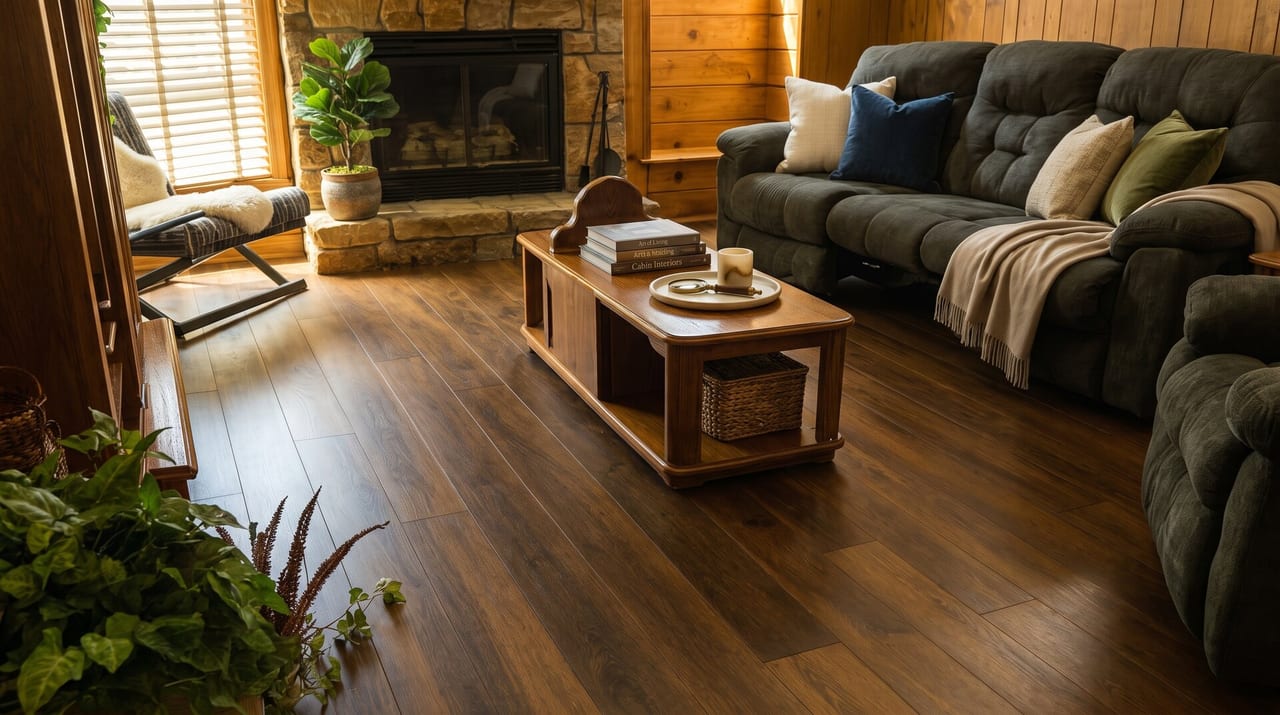 Living room with a dark wide-plank luxury vinyl floor, stone fireplace, and sectional sofa