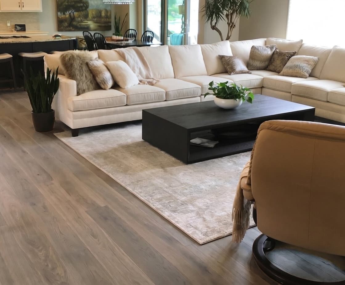 The same room with the white oak floor in a Weathered Oak stain
