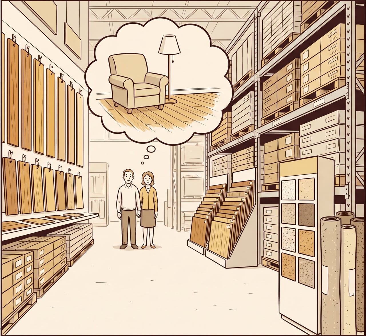 A couple imagines a warm, finished floor while standing in a big-box flooring aisle