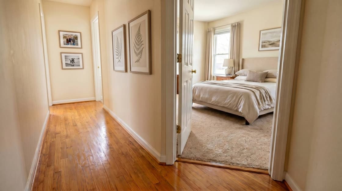 Before: dated hardwood hallway with carpeted bedroom