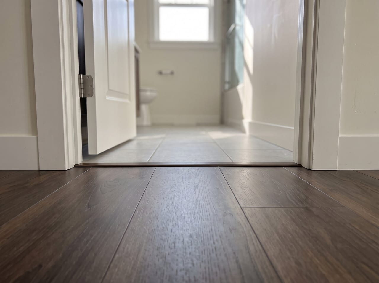 Dark luxury vinyl plank meeting bathroom tile at a doorway with a flush transition strip