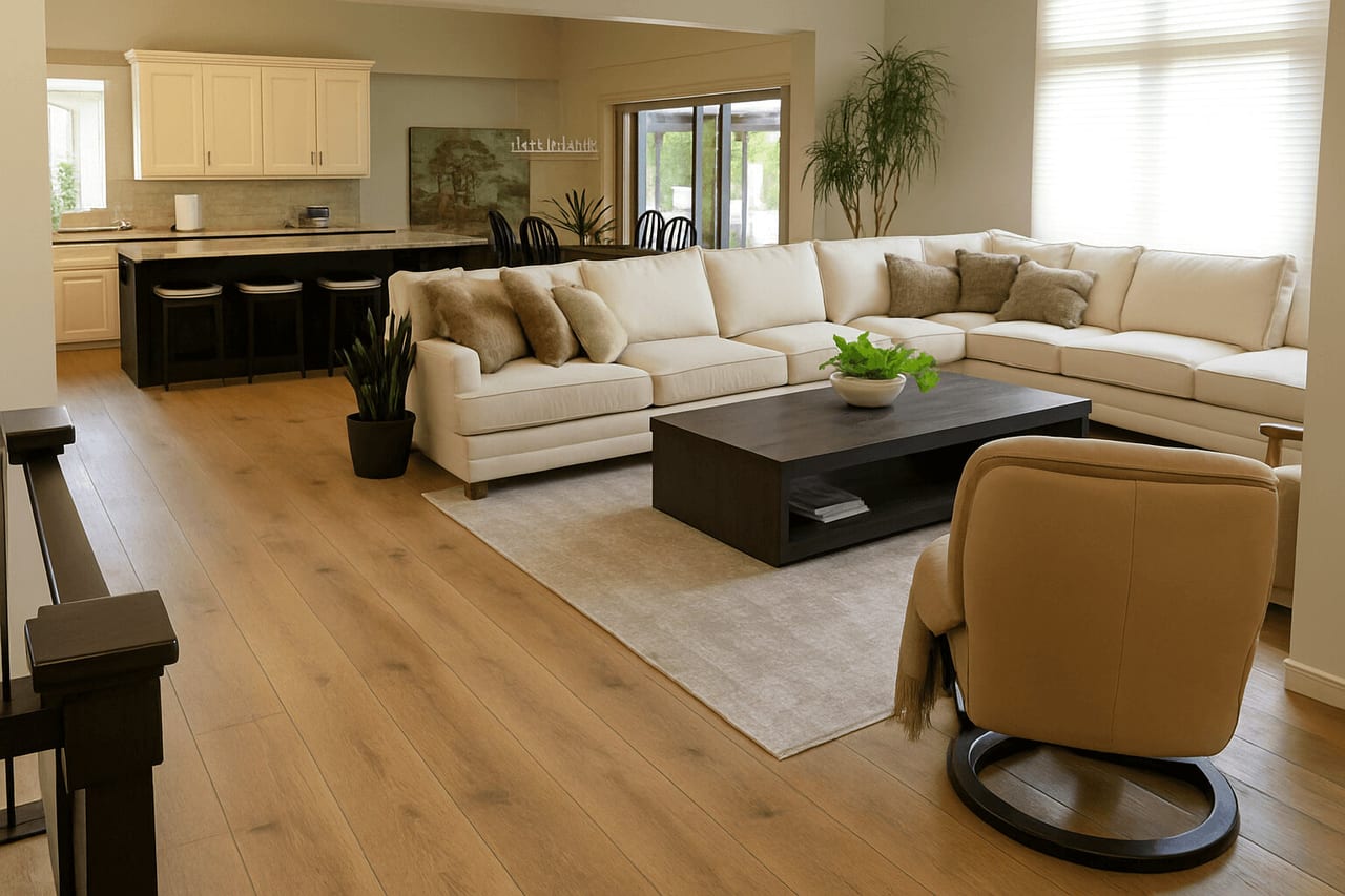 Light oak hardwood flooring running through an open-plan living room and kitchen in a Kansas City metro home