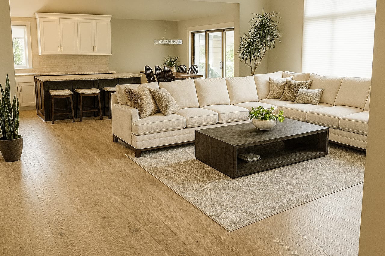 Wide-plank light oak flooring running through an open-plan living room and kitchen in a Kansas City metro home