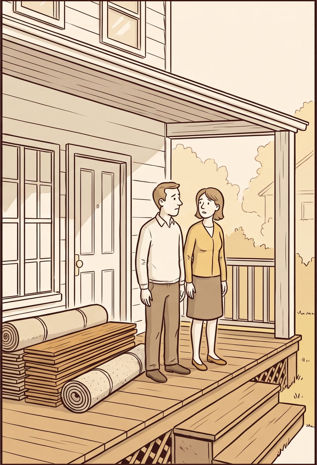 The same couple on their front porch over a strapped pile of boards and a rolled carpet